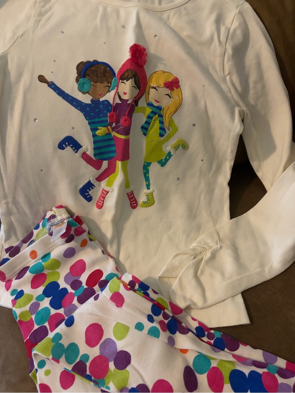Gymboree Girls Cream Top and Colorful Polka Dot Pants Matching Set